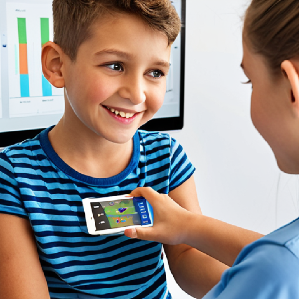 **

A female occupational therapist, in a bright and modern clinic, using a tablet to assess the grip strength of a young boy. The tablet displays interactive graphics and the boy is smiling, engaged in the assessment. Soft, natural lighting.

**