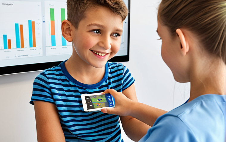 **

A female occupational therapist, in a bright and modern clinic, using a tablet to assess the grip strength of a young boy. The tablet displays interactive graphics and the boy is smiling, engaged in the assessment. Soft, natural lighting.

**