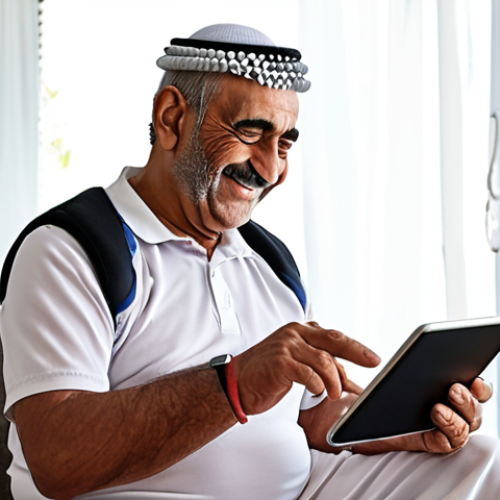 Home 26 **Smart Technology Integration:** A senior Arab man wearing a smartwatch smiles while using a tablet to track his medication reminders and exercise progress, showcasing assistive technology in a modern, well-lit home setting.