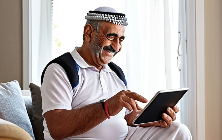 **Smart Technology Integration:** A senior Arab man wearing a smartwatch smiles while using a tablet to track his medication reminders and exercise progress, showcasing assistive technology in a modern, well-lit home setting.