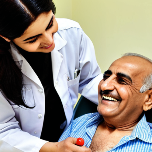 Home 25 **Image Prompt:** A warm, supportive scene depicting an elderly Arabic man ("Ahmad") in his 60s, recovering from a stroke, working with an occupational therapist. The setting should be a bright, modern rehabilitation center in the Middle East. The man is smiling slightly as he practices using adaptive equipment to button his shirt. The therapist is an Arab woman, encouraging and supportive. The overall feeling is hopeful and focused on regaining independence.