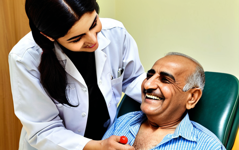 **Image Prompt:** A warm, supportive scene depicting an elderly Arabic man ("Ahmad") in his 60s, recovering from a stroke, working with an occupational therapist. The setting should be a bright, modern rehabilitation center in the Middle East. The man is smiling slightly as he practices using adaptive equipment to button his shirt. The therapist is an Arab woman, encouraging and supportive. The overall feeling is hopeful and focused on regaining independence.
