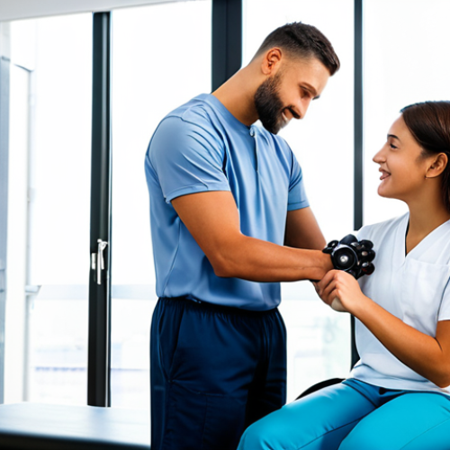 Home 24 A professional occupational therapist, fully clothed in a modest, smart clinic uniform, assists a young adult patient. The patient, fully clothed in appropriate, comfortable athletic wear, is using an advanced smart prosthetic arm to engage in a fine motor skill exercise. The setting is a brightly lit, modern rehabilitation center with large windows and clean, minimalist design. The interaction is focused and positive, showcasing the patient's regained independence. Perfect anatomy, correct proportions, natural pose, well-formed hands, proper finger count, natural body proportions. Professional studio photography, high quality, safe for work, appropriate content, family-friendly.