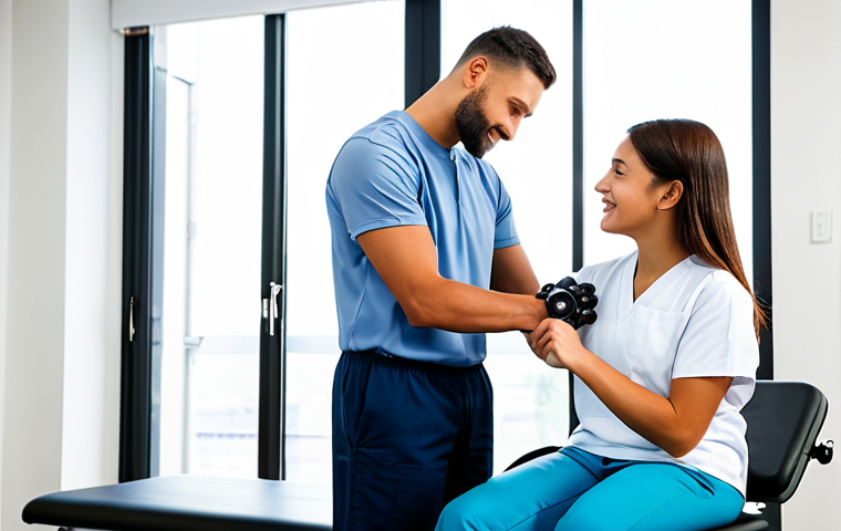 A professional occupational therapist, fully clothed in a modest, smart clinic uniform, assists a young adult patient. The patient, fully clothed in appropriate, comfortable athletic wear, is using an advanced smart prosthetic arm to engage in a fine motor skill exercise. The setting is a brightly lit, modern rehabilitation center with large windows and clean, minimalist design. The interaction is focused and positive, showcasing the patient's regained independence. Perfect anatomy, correct proportions, natural pose, well-formed hands, proper finger count, natural body proportions. Professional studio photography, high quality, safe for work, appropriate content, family-friendly.