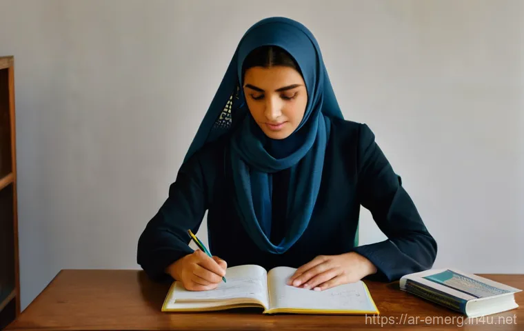 작업치료사의 자격증 시험 후 경험 - **"A determined young Arab woman, wearing a modest, long-sleeved blouse and comfortable dark trouser...