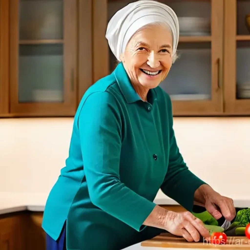 작업치료사의 치료 계획 수립 사례 연구 - **Prompt:** A smiling, determined elderly woman, modestly dressed in a comfortable yet stylish long-...