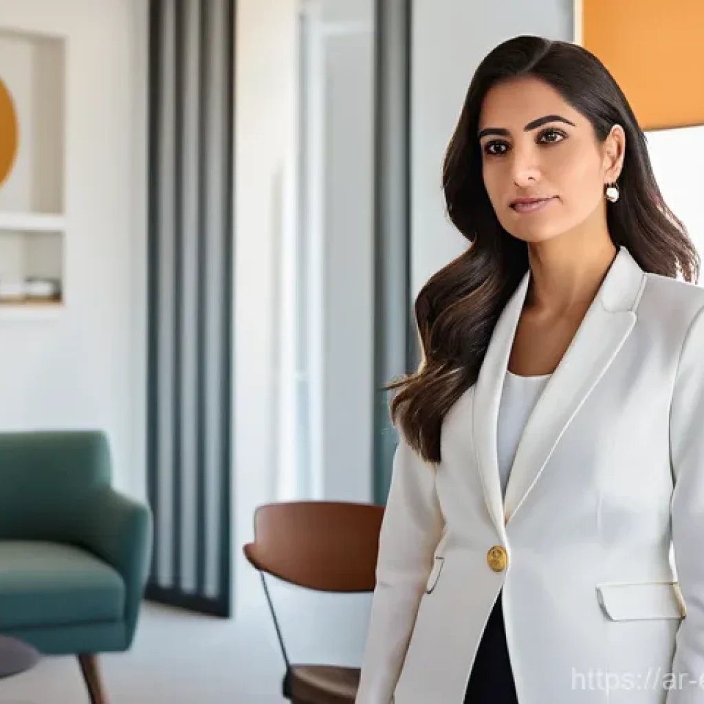 작업치료사의 비즈니스 기술 개발 - A professional and visionary Arab female occupational therapist, in her mid-30s, stands confidently ...