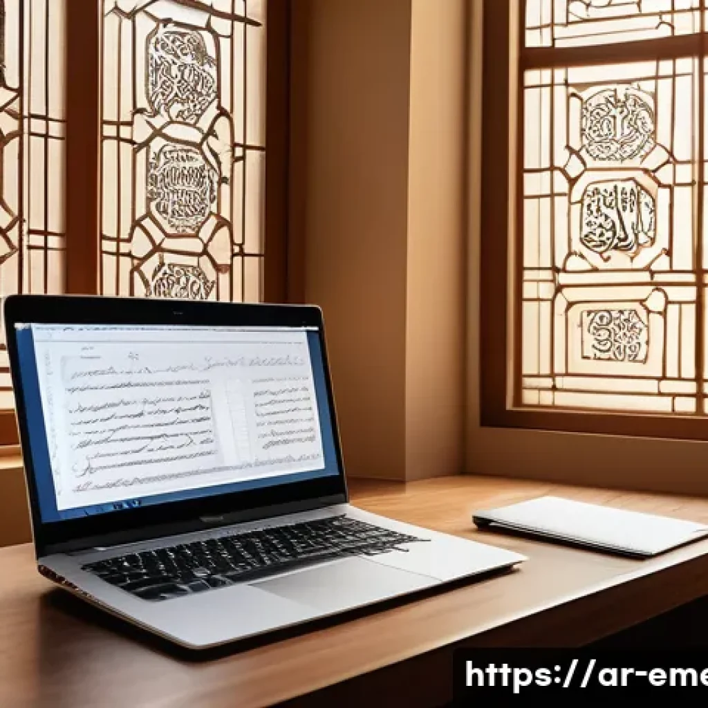 작업치료사의 학술 발표 준비 과정 - A modern, professional research workspace set in a Middle Eastern office with Arabic calligraphy art...