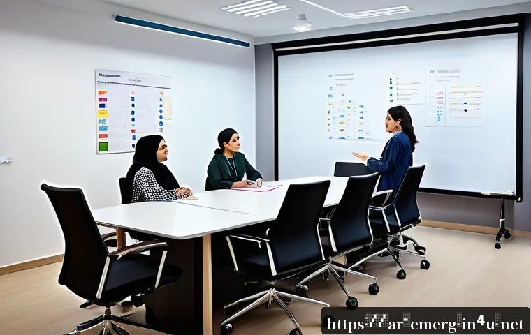 작업치료사의 팀 리더 경험담 - A diverse occupational therapy team gathered in a modern clinic meeting room, consisting of professi...