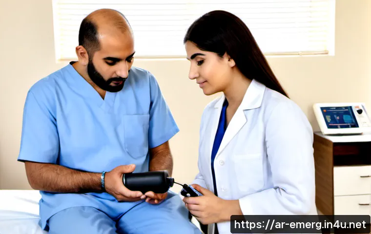 작업치료사의 의료기기 사용 리뷰 - Photorealistic occupational therapist in a modern Middle Eastern rehabilitation clinic, carefully re...